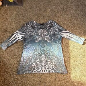 Y2K patterned studded sequins long sleeve grunge v neck top with swirls
